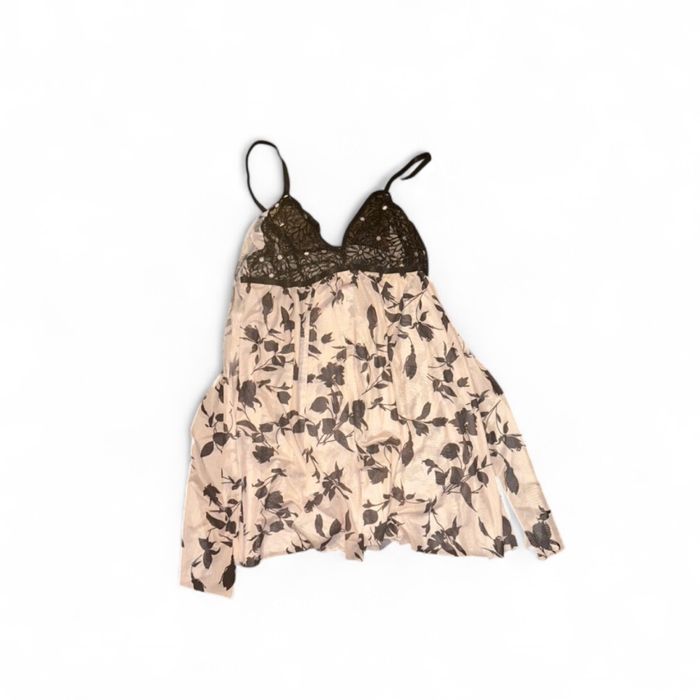 XL Floral Pink Black Sheer Lace Mesh Babydoll Nightgown Bow Lingerie‎ Fairycore